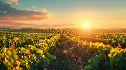 A picturesque vineyard with rows of lush grapevines stretching towards the horizon, bathed in golden sunlight under a clear summer sky, offering ample negative space for business messaging - obrazy, fototapety, plakaty