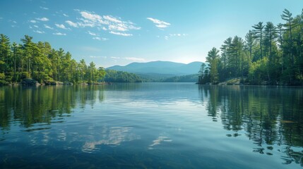 A serene lakeside retreat with calm waters, forested shores, and a distant mountain backdrop, under a clear summer sky, offering a tranquil summer background for business branding