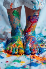 Сhild's feet covered in colorful paint, standing on a white sheet of paper