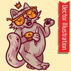 Rich Cat Mascot with Sunglasses and Crown Holding a Clock and Knife Vector Illustration
