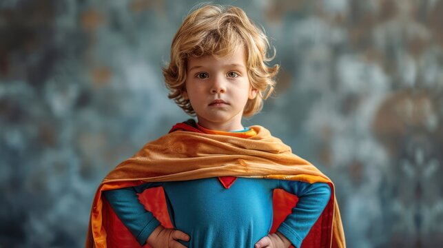 Child dressed in a homemade superhero cape, striking a bold pose with hands on hips, embodying a feisty and fearless spirit