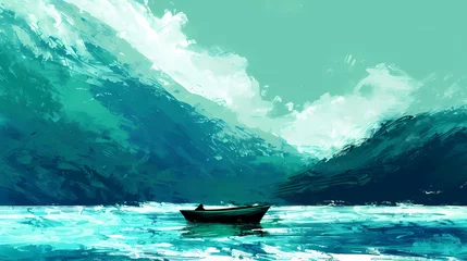 Gordijnen green and blue small boat on the river, high mountain illustration poster background © jinzhen