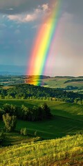 Vibrant rainbow arching over the landscape, leading the eye towards the horizon