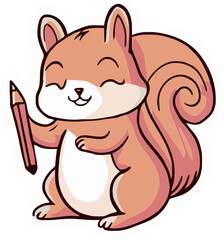 cute squirrel holding a pencil cartoon illustration