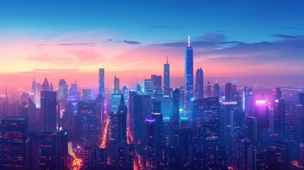 A vibrant urban skyline with towering skyscrapers against a clear blue sky, bustling streets below, and colorful city lights twinkling in the evening, providing ample space for business text or logos - obrazy, fototapety, plakaty
