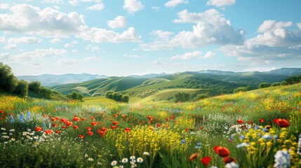 An idyllic countryside landscape featuring rolling hills covered in lush greenery and colorful wildflowers, under a clear sunny sky, offering plenty of space for business messaging. - obrazy, fototapety, plakaty