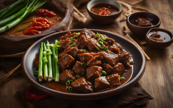 Filipino adobo, savory sauce, green onions, ceramic plate, warm kitchen setting