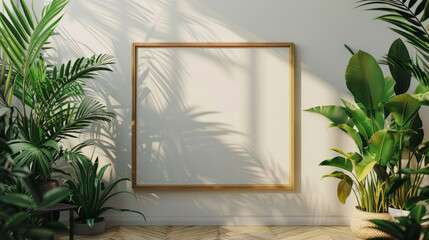 Interior Design,  Elegant frame mockup in a plant-filled room for showcasing artwork.