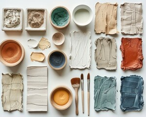Sustainable art materials (recycled papers, eco-friendly paints) arranged neatly on a white surface, highlighting an environmentally conscious approach to art strategy