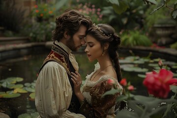 Enchanting th Century Couple in a Lush Garden Embrace Captured with Cinematic Elegance