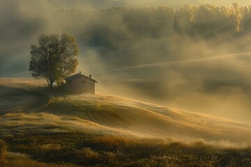 Enchanting Tuscan Countryside Landscape Bathed in Golden Sunlight and Ethereal Mist