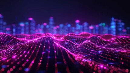 a digital cityscape illuminated by shades of purple, blue, and pink, a futuristic line glides with futuristic elegance - obrazy, fototapety, plakaty