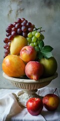 Naklejka na ściany i meble Still life photo of fruits arranged in a classical, antique style but with a modern twist