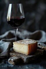 Cheese and wine pairing, textures of the cheese and the gleam of the wine glass