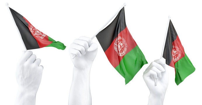 Hands waving Afghanistan flags isolated on white