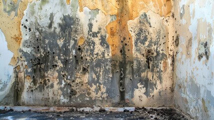 A wall with holes and stains, and scene is bleak and dirty