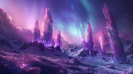 Fantasy Art, Crystal forests under ethereal auroras on an alien planet. - obrazy, fototapety, plakaty