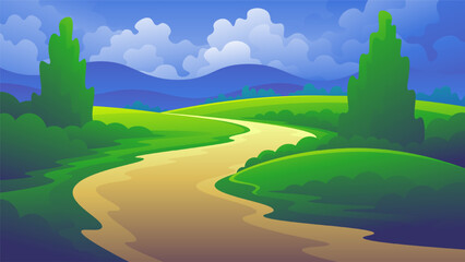 Horizontal vector landscape beautiful green illustration of hills with trees and road.
