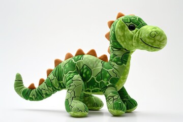 Green Dinosaur Plush Toy, Close up of Cute and Funny Stuffed Animal on White Background