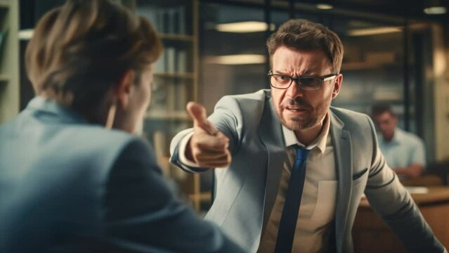 Angry yelling boss point arm to exit dismissing sad worker at office