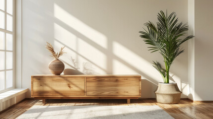 Interior Design, A sunlit, modern minimalistic living room with a stylish sideboard.