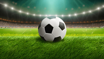 Fototapeta premium soccer ball on stadium. Stadium with green grass and soccer ball. Well-groomed lawn at a football stadium