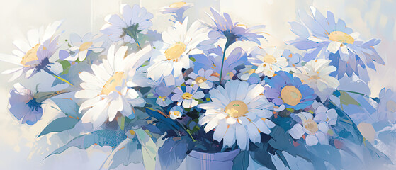 a painting of a vase of flowers with blue and white flowers