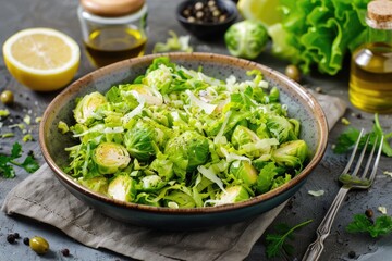 Obraz premium Healthy Homemade Brussel Sprout Salad with Shaved Lemon and Oil Dressing, Served in a Bowl on a Napkin with Lettuce - Perfect for Dieting and Vegetarian Cuisine