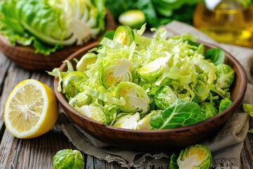 Healthy Homemade Brussel Sprout Salad with Shaved Lettuce in an American Style Crockery Bowl, Drizzled with Lemon Oil Dressing. Perfect for Vegetarian Dieting