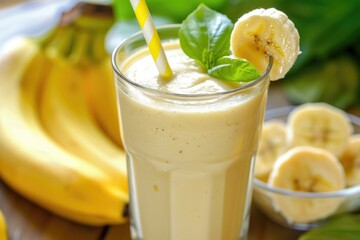 Healthy Yellow and Green Banana Smoothie Shake with Fresh Milk and Fruit Juice - Refreshing Milkshake Concept
