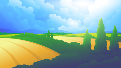 Beautiful ripe golden realistic fields on a sunny day. Nature farming horizontal illustration.