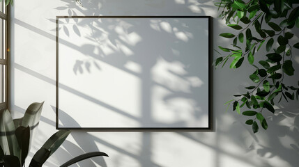 Interior Design,  frame mockup. A serene mockup of an empty picture frame with a leafy shadow play on a white wall.
