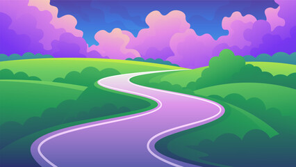 Winding road through green meadows against the backdrop of a beautiful pink fluffy sky clouds.