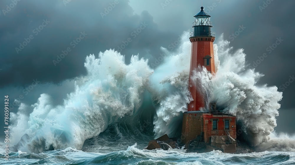 Poster a lighthouse is being battered by a huge wave. the water is crashing over the lighthouse and the wav