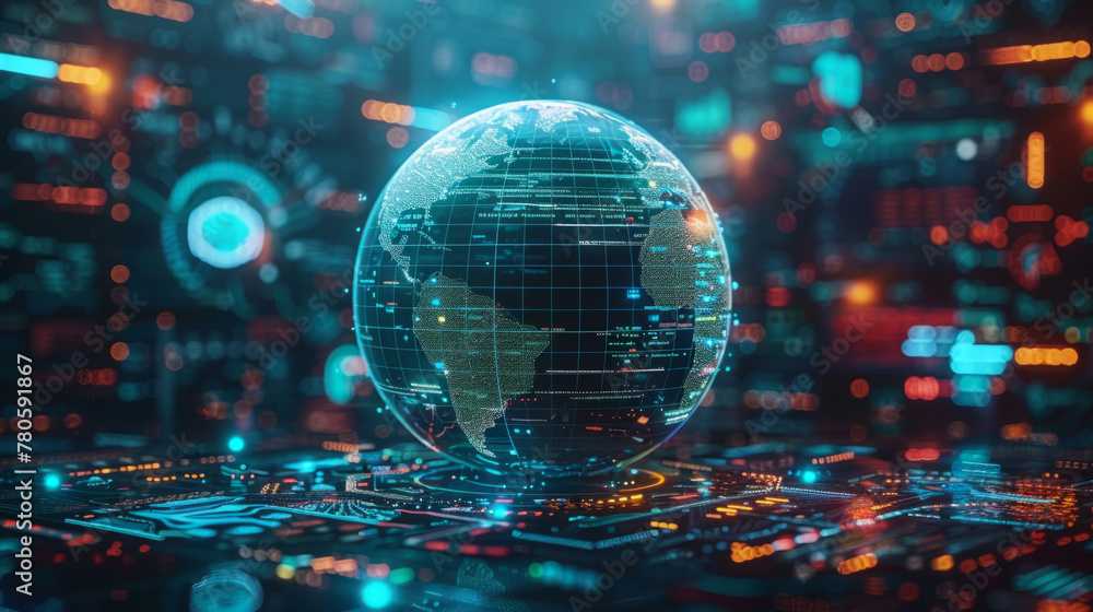 Poster cybersecurity concept, a digital representation of global security and data protection technologies.