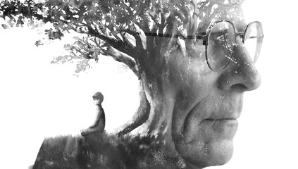 A surreal paintography profile of an old man with glasses