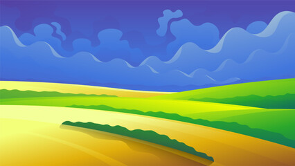 Ripe golden wheat fields landscape. Beautiful agriculture vector illustration.