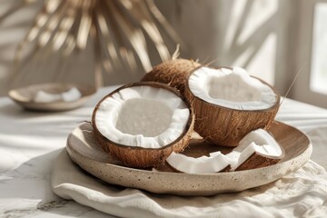 Fresh raw opened coconut halves, summer abstract tropical background with palm leaves and shadows. Generative AI - obrazy, fototapety, plakaty