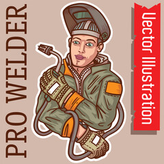 Professional Welder in Gear with Welding Torch Vector Illustration

