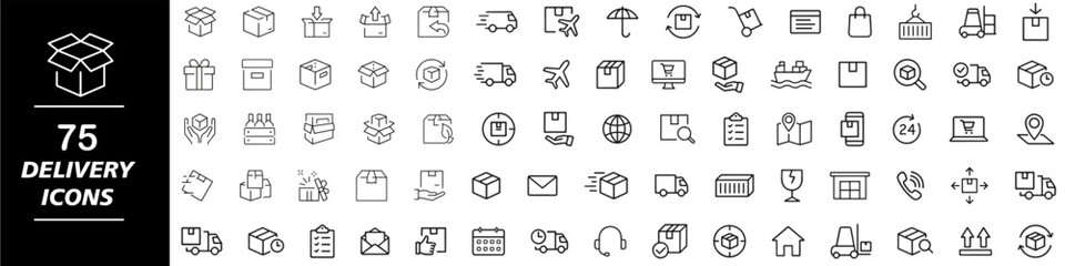 Delivery boxes and package, thin line icon set. Symbol collection in transparent background. Delivery service icon set.