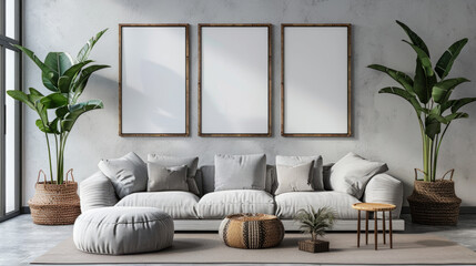 Interior Design,  frame mockup. A minimalist living room showcasing modern furniture and decor.