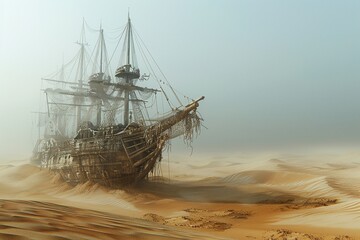 Deserted ship in a sea of sand, hauntingly beautiful, historical echoes ,3DCG,clean sharp focus