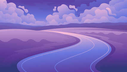 Evening road near the fields. Travel in nature horizontal illustration.
