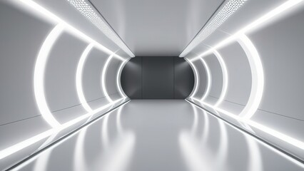 3d Tunnel Background. white tunnel background Abstract white light. Empty white future 3D neon background futuristic corridor modern interior silver road black wall.