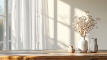 a table with three vases and a plant on it in front of a window