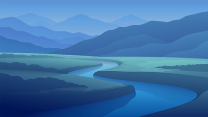 Night landscape of flowing river on majestic mountains background.