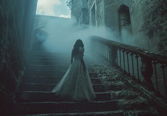 a woman in a long dress standing on a set of stairs in a foggy area