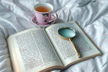 vintage book, magnifying glass and cup of tea on bed, casual, POV, aesthetic, chic, social media, cottagecore vibe