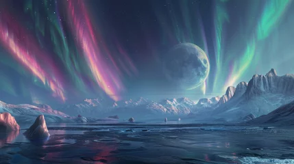 Fotobehang Fantasy Landscape, Surreal extraterrestrial scenery with luminescent auroras and floating landmasses. © ChubbyCat