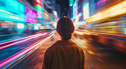 Obraz premium a woman is walking down a city street at night time